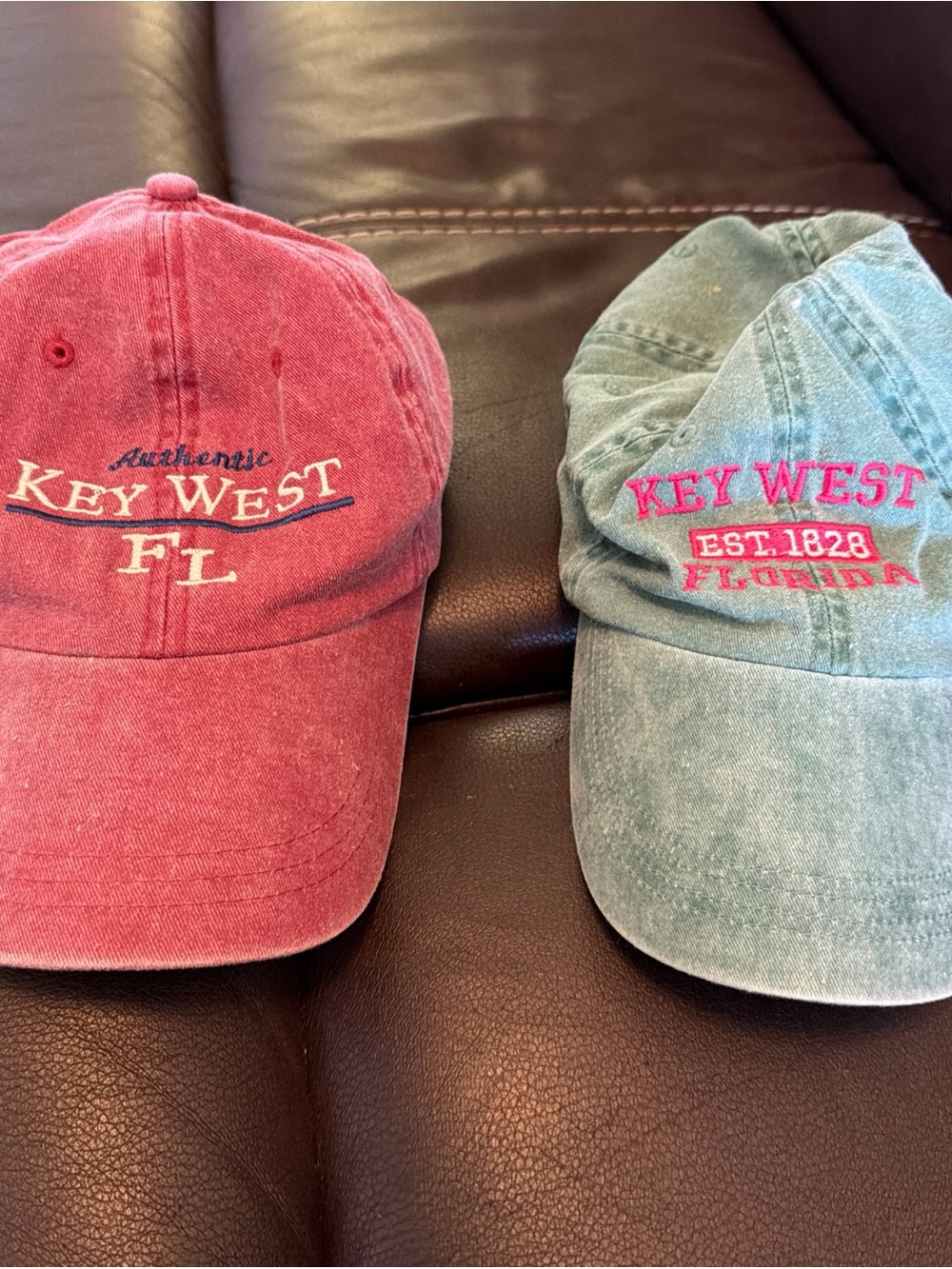 Lot of 2 Key West Embroidered Cotton Baseball Caps - Red & Teal